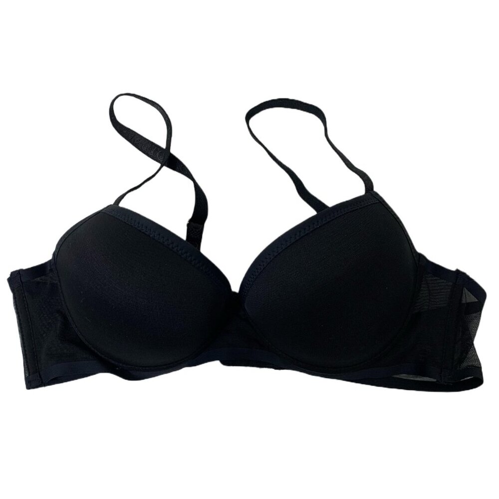 Vince Camuto Black Mesh Push-Up Plunge Bra 36B Gold Hardware Logo Straps Luxe